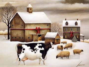 bovins et moutons dans le village de neige Peinture à l'huile